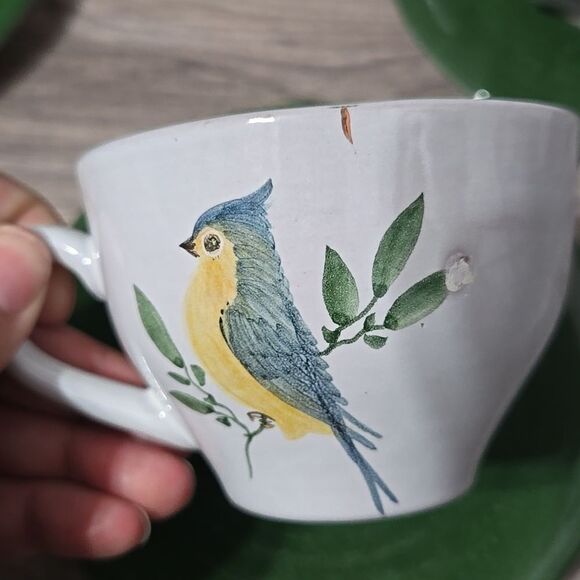 Vintage HTF Maja Mexico Pottery Cup & Saucers Hand Painted Birds - Green Trim - Picture 9 of 17